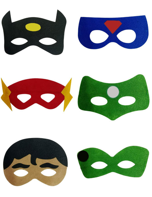 BookMyCostume Pack of 6 Justice Brotherhood Superhero Felt Eye Masks for Kids | Dress-Up Party Props with Elastic Strap | Fancy Dress, Birthday & Halloween Theme Decoration