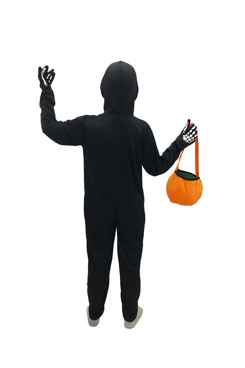 Scary Ghost Bhoot Skeleton Printed Body Suit With Mask And Gloves with Pumpkin Basket Halloween Costume for Theme Party For Boys | Kids