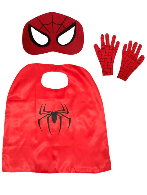 BookMyCostume Spider Web Hero Cape with Eye Mask and Gloves Set for Kids | Red Superhero Dress-Up Accessories | Halloween Fancy Dress Accessory Set & Birthday Gift | Age 3–8 Years