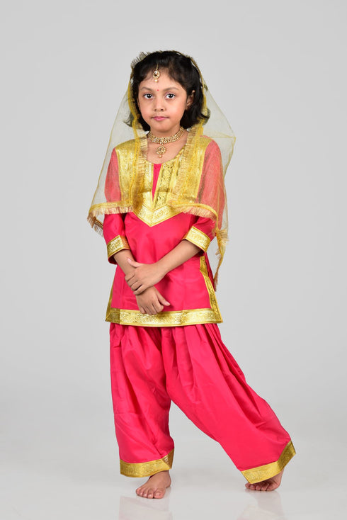 Punjabi Folk Dance Costume Giddha for Girls and Females | Pink & Golden | With Jewellery