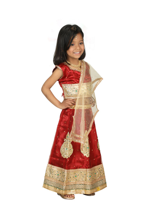 BookMyCostume Radha Garba Lehenga Choli Kids Fancy Dress Costume for Girls - Premium - Maroon & Golden