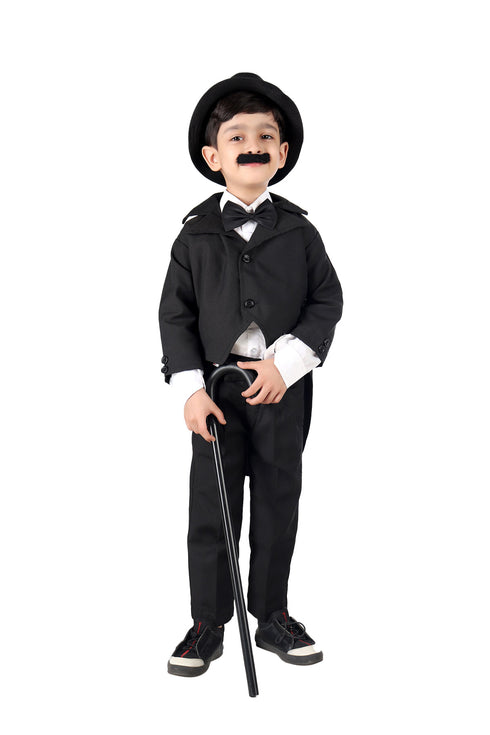 BookMyCostume Charlie Chaplin Dress for Boys | Comic Character Fancy Dress Costume | Charlie Chaplin Costume for Kids | With Stick