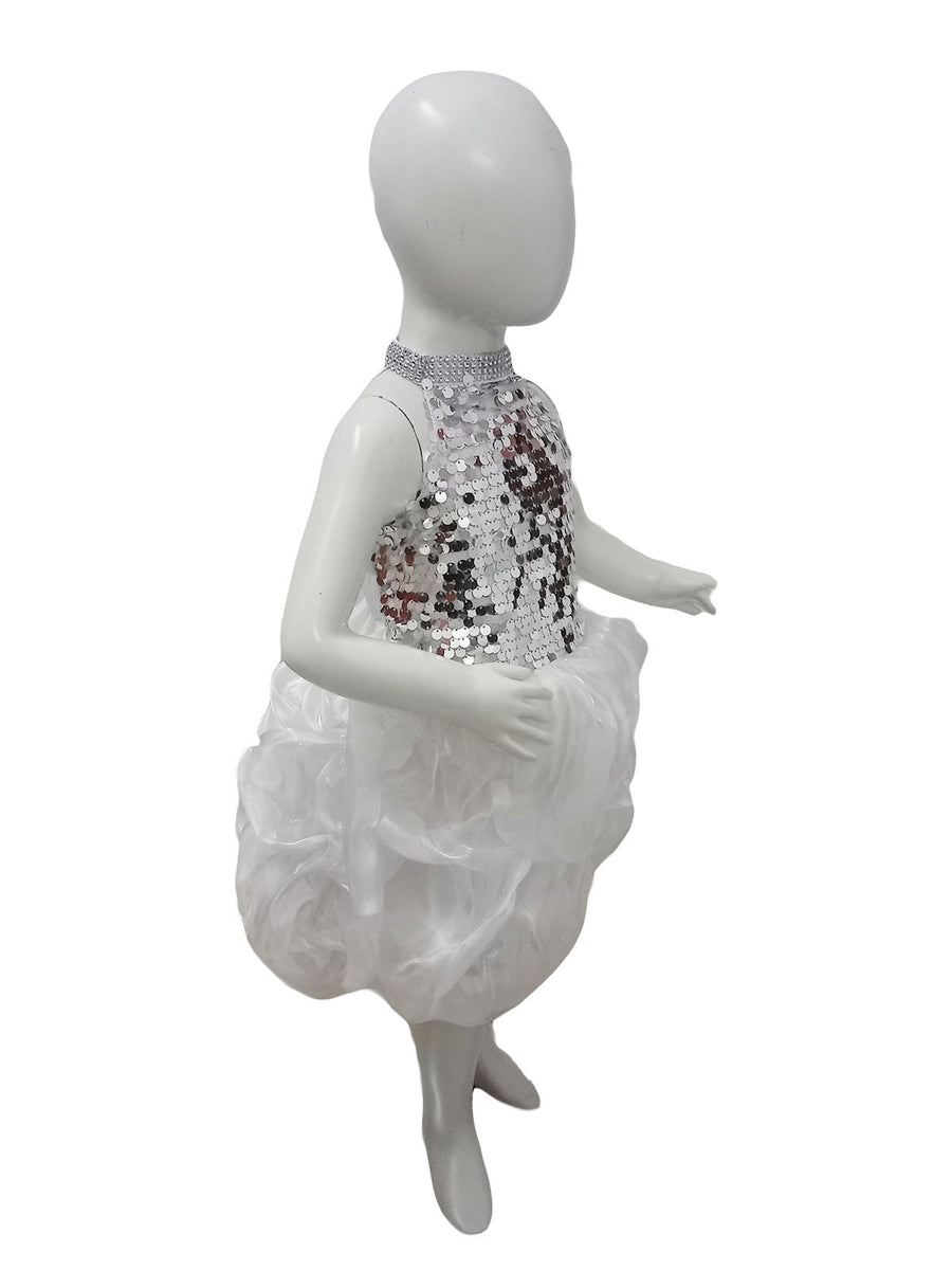White Silver Balloon Frock for Girls Group Dance