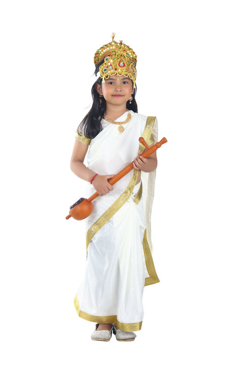 Sarasvati Mata Hindu Goddess Saree for Girls & Women Fancy Dress Costume with Sitar