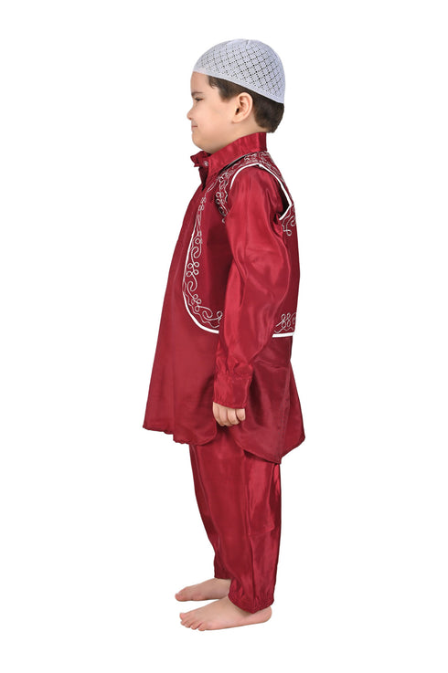 BookMYCostume Muslim Boy Red Pathani Suit with Cap Indian Fancy Dress Costume for Boys
