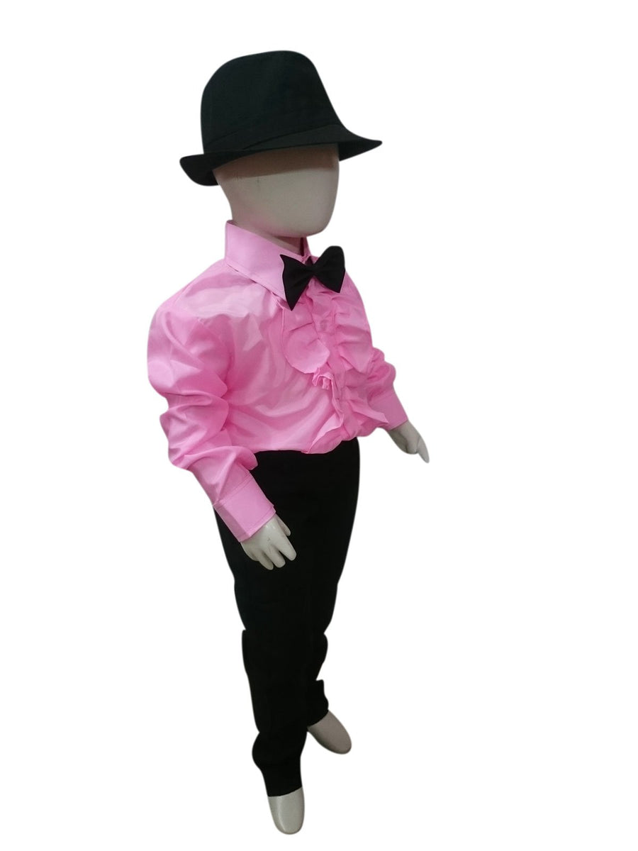 Buy & Rent Ballroom Western Dance Pink Shirt, Black Pant, Hat & Bow Kids Fancy Dress Costume Online in India