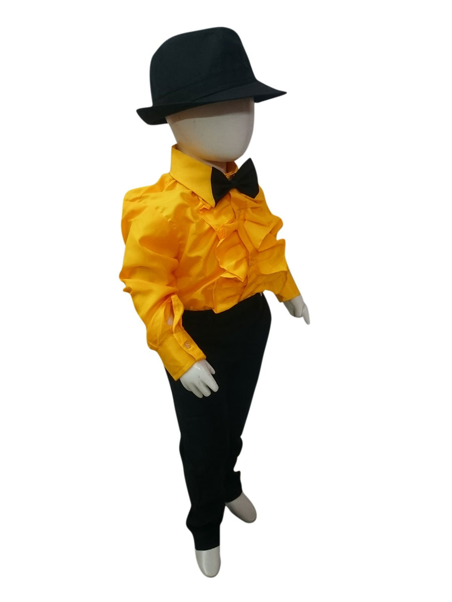 Buy & Rent Ballroom Western Dance Yellow Shirt, Black Pant, Hat & Bow Kids Fancy Dress Costume Online in India