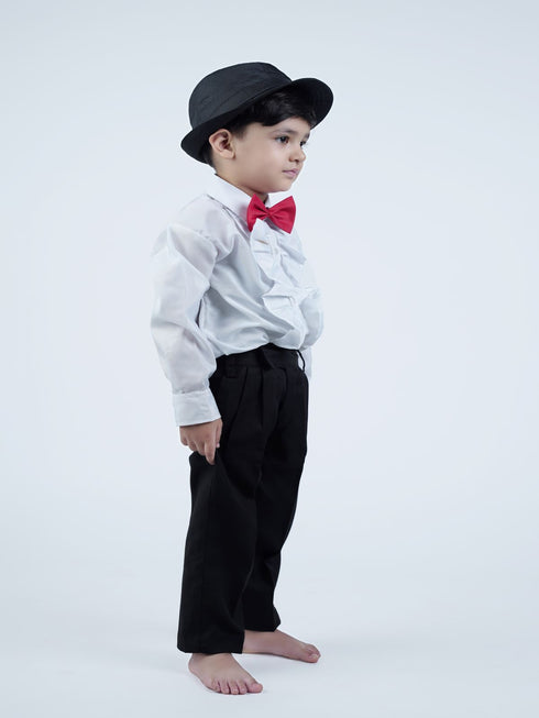 BookMyCostume Ballroom Western Dance White Frill Shirt Black Pant Hat & Bow Set Kids Fancy Dress Costume