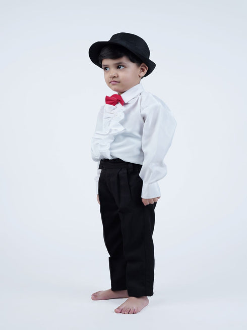 BookMyCostume Ballroom Western Dance White Frill Shirt Black Pant Hat & Bow Set Kids Fancy Dress Costume