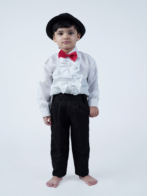 BookMyCostume Ballroom Western Dance White Frill Shirt Black Pant Hat & Bow Set Kids Fancy Dress Costume