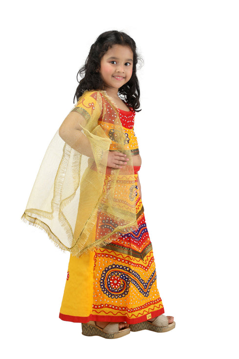 BookMyCostume Radha Lehenga Chaniya Choli Janmashtami Multicolor Costume Dress for Girls with Golden Chunni