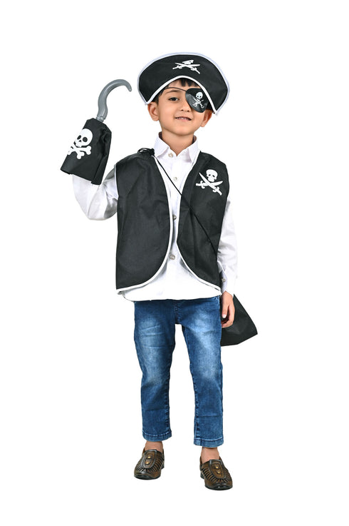 BookMyCostume Black Pirate Captain 5 Pcs Kids Costume Set (8-12 Years) - Synthetic Jacket, Plastic Pirate Hook, Eyepatch, Loot Bag & Bandana Cap