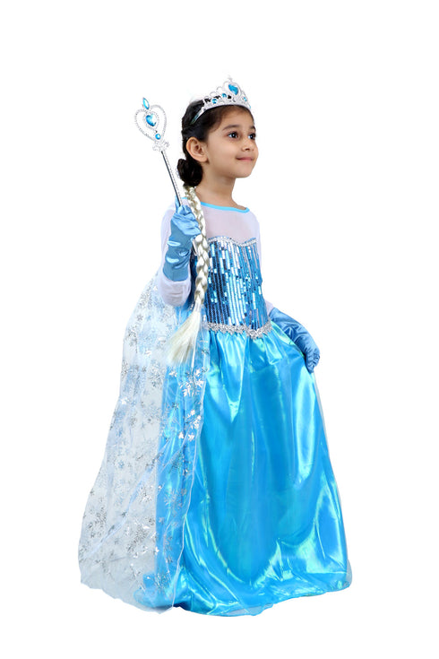 BookMyCostume Snow Queen with Gloves Wand Crown and Wig Accessories Frozen Fairy Tale Kids Fancy Dress Costume | Imported