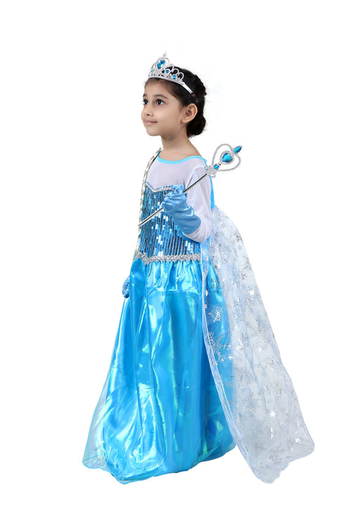 BookMyCostume Snow Queen with Gloves Wand Crown and Wig Accessories Frozen Fairy Tale Kids Fancy Dress Costume | Imported