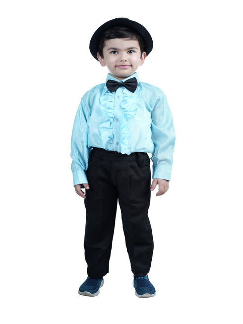 BookMycostume Ballroom Western Dance Blue Frill Shirt Black Pant Hat & Bow Set Kids Fancy Dress Costume