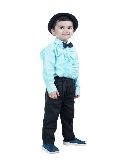 BookMycostume Ballroom Western Dance Blue Frill Shirt Black Pant Hat & Bow Set Kids Fancy Dress Costume