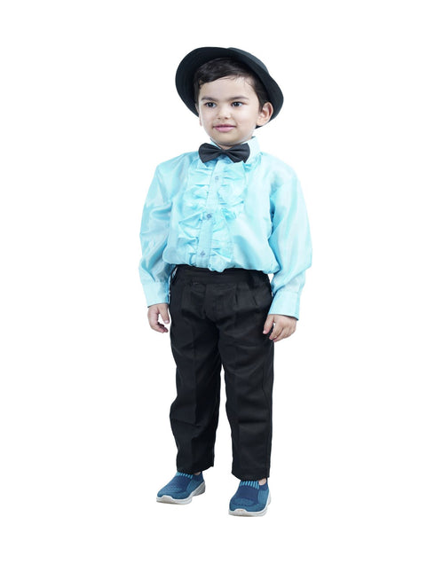 BookMycostume Ballroom Western Dance Blue Frill Shirt Black Pant Hat & Bow Set Kids Fancy Dress Costume