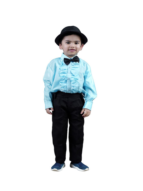 BookMycostume Ballroom Western Dance Blue Frill Shirt Black Pant Hat & Bow Set Kids Fancy Dress Costume