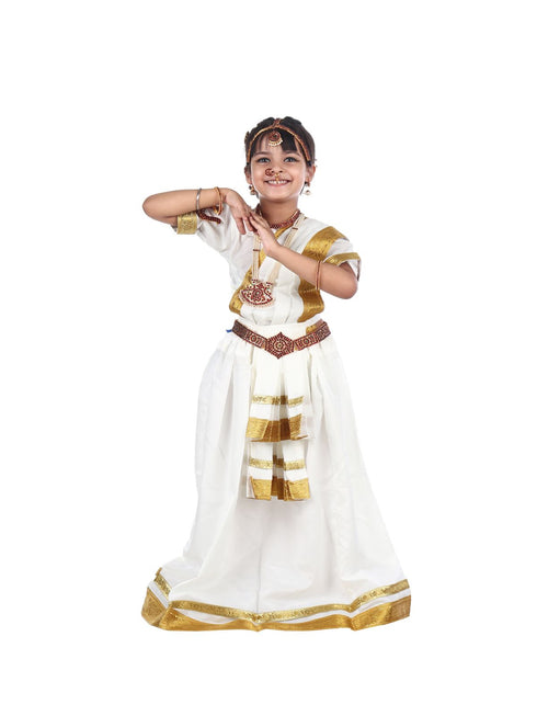 BookMyCostume Mohiniyattam Saree Indian Classical Dance Costume for Girls and Women with 10 Pcs  Jewellery Set