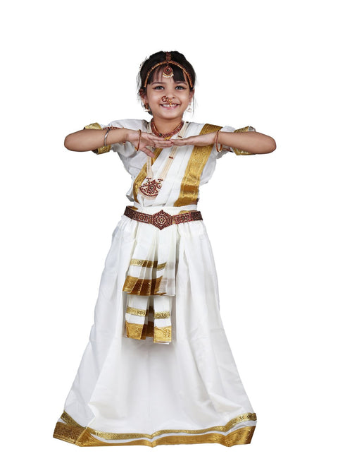 BookMyCostume Mohiniyattam Saree Indian Classical Dance Costume for Girls and Women with 10 Pcs  Jewellery Set