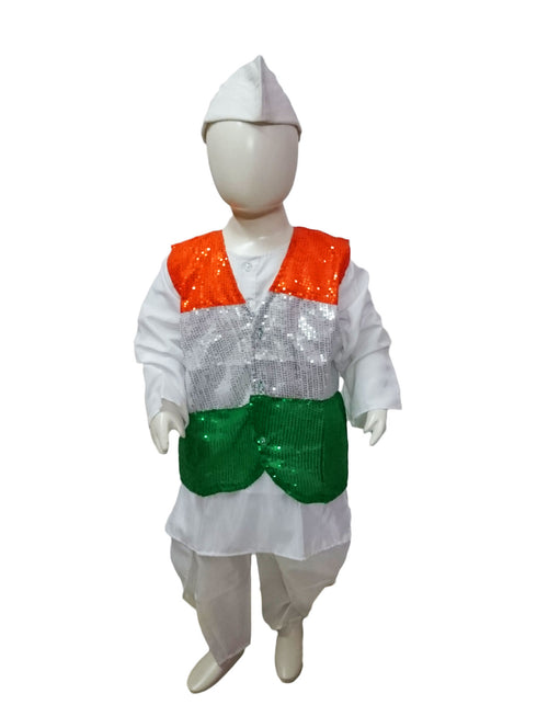 BookMyCostume Patriotic Dhoti Kurta Tricolour Jacket Nehru Cap Kids Fancy Dress Costume