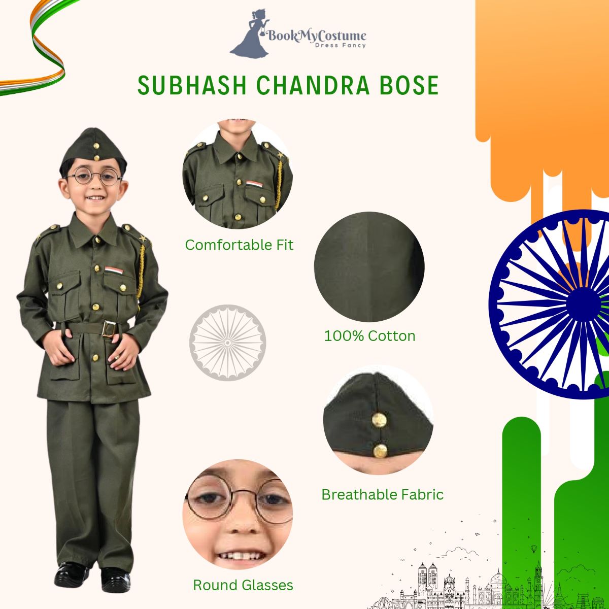 Rent or Buy Subhash Chandra Bose Kids Fancy Dress Costume in India