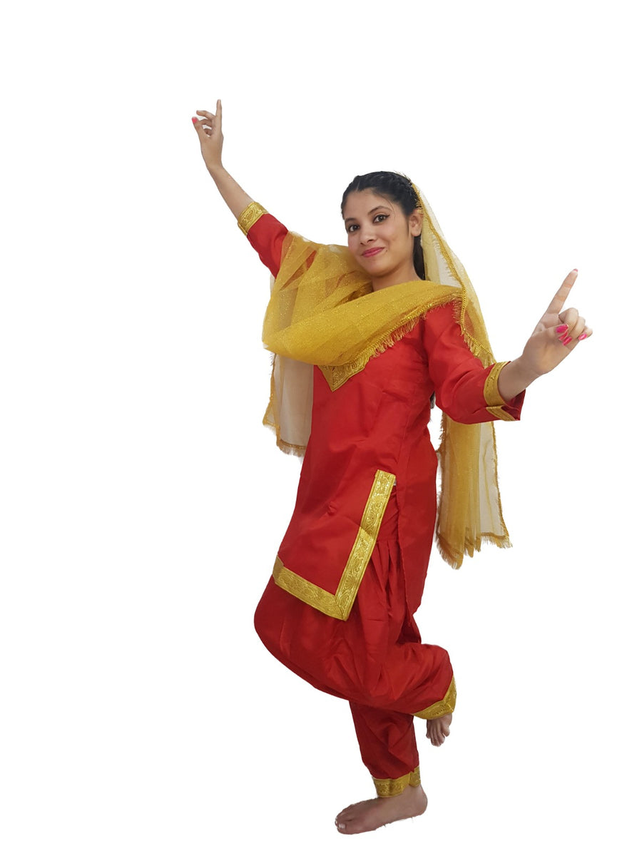 Punjabi Giddha Baisakhi Folk Dance Costume for Girls and Females | Golden & Red | without Jewellery