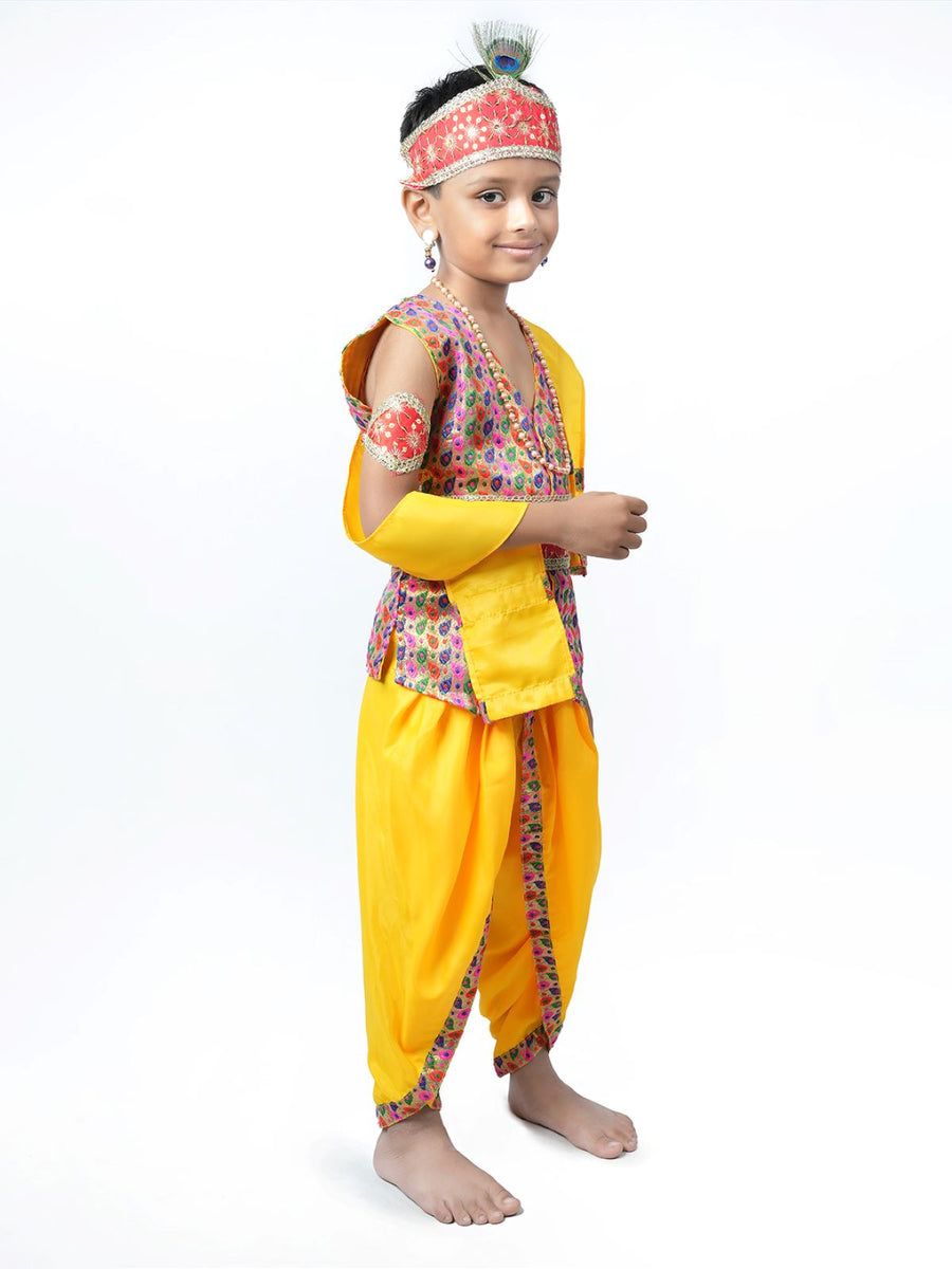 Shri Krishna Multicolor Kids Fancy Dress Costume 8 Pcs Set with Red Accessories - Premium