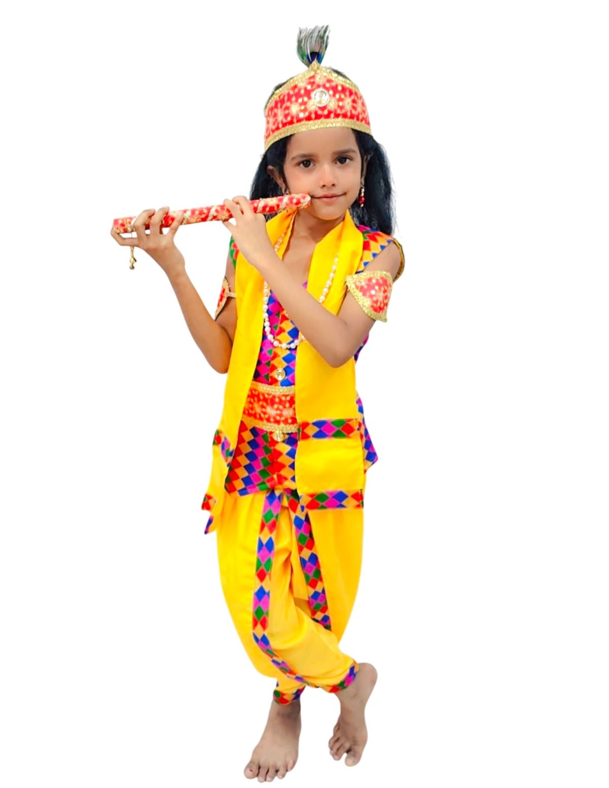 Shri Krishna Multicolor Kids Fancy Dress Costume 9 Pcs Set with Red Accessories & Wig