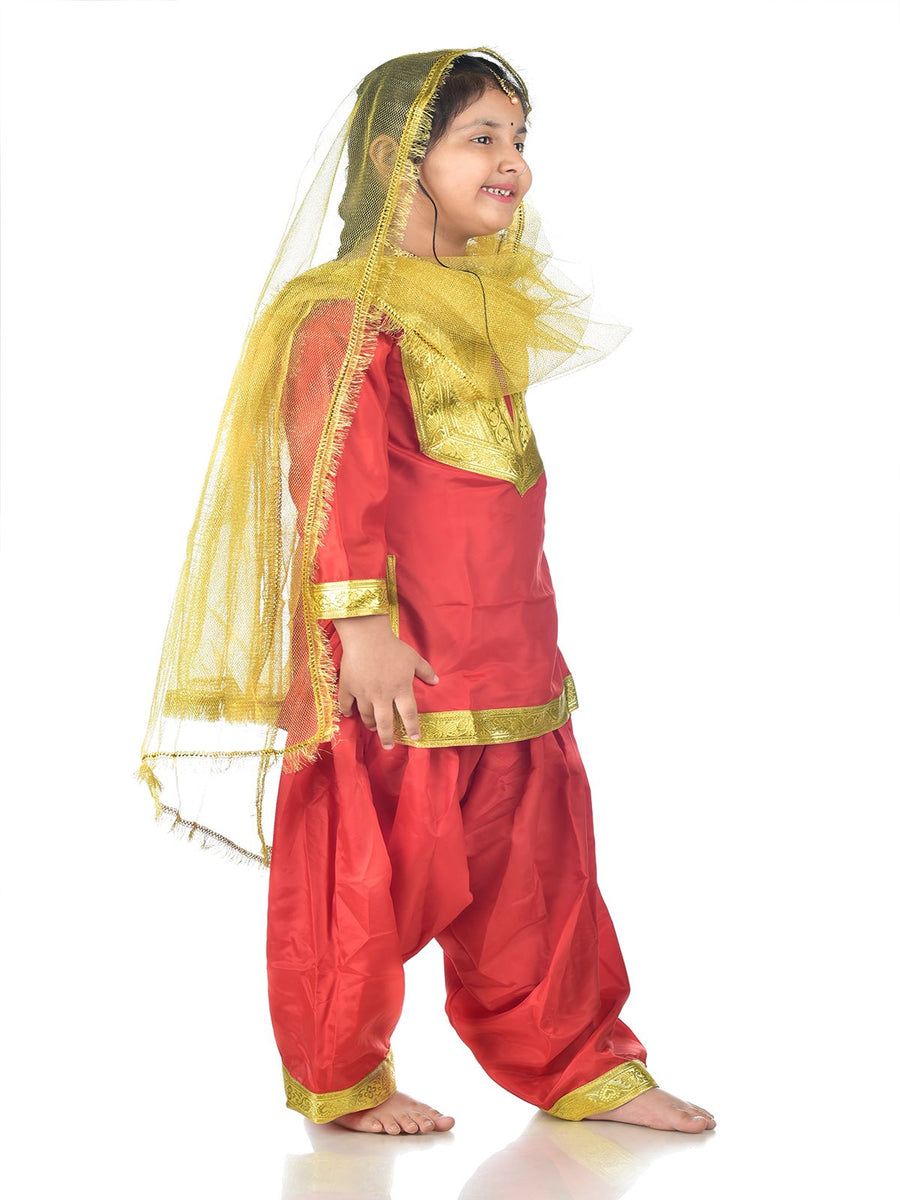 Punjabi Giddha Baisakhi Folk Dance Costume for Girls and Females | Golden & Red | with Jewellery