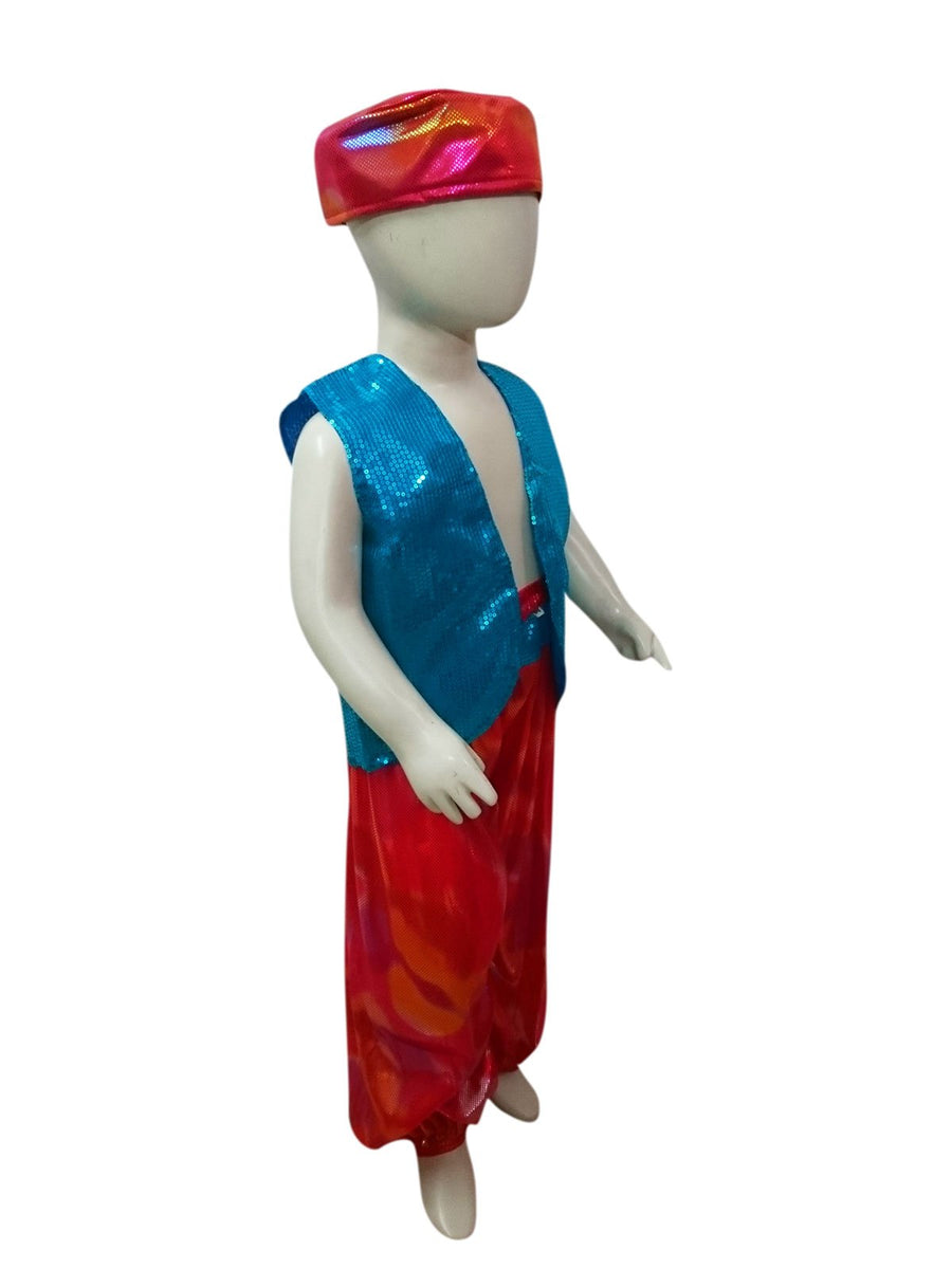 Arabian Boys Western Belly Dance Costume Shirt Harem Pant Cap Costume | Blue & Red