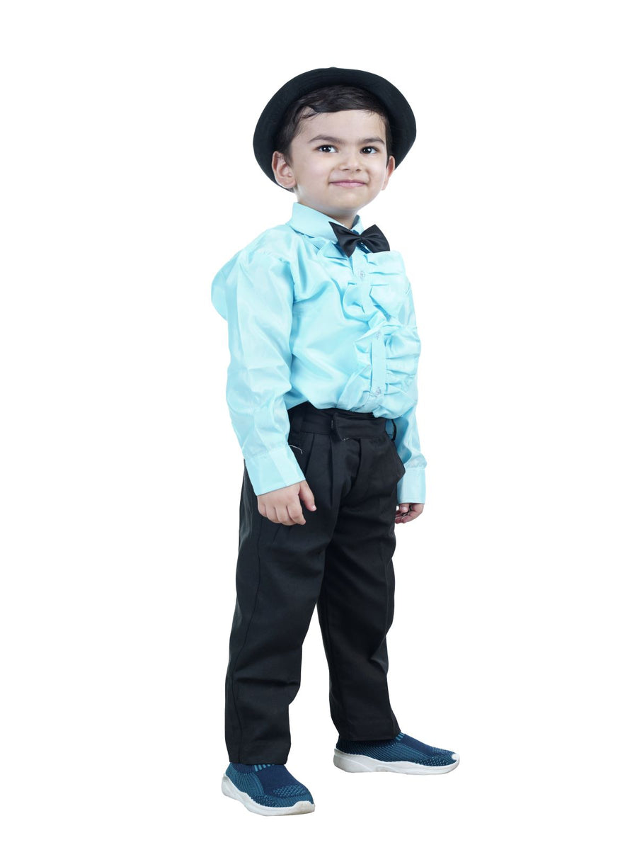 Ballroom Western Dance Blue Frill Shirt Black Pant Hat & Bow Set Kids Fancy Dress Costume